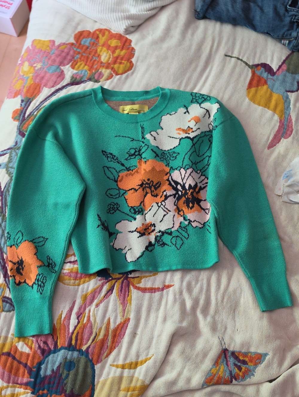 Maeve Teal Floral Crewneck Sweater with Orange and White Blooms